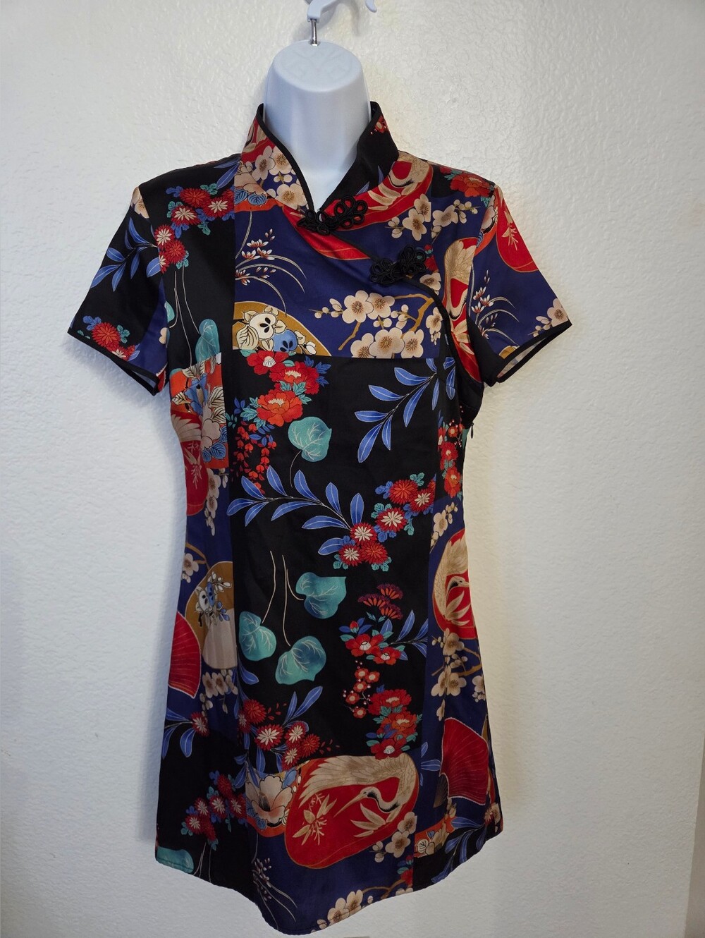 Zara Asian-inspired satin mini dress Women's Size Small Crane and Floral print